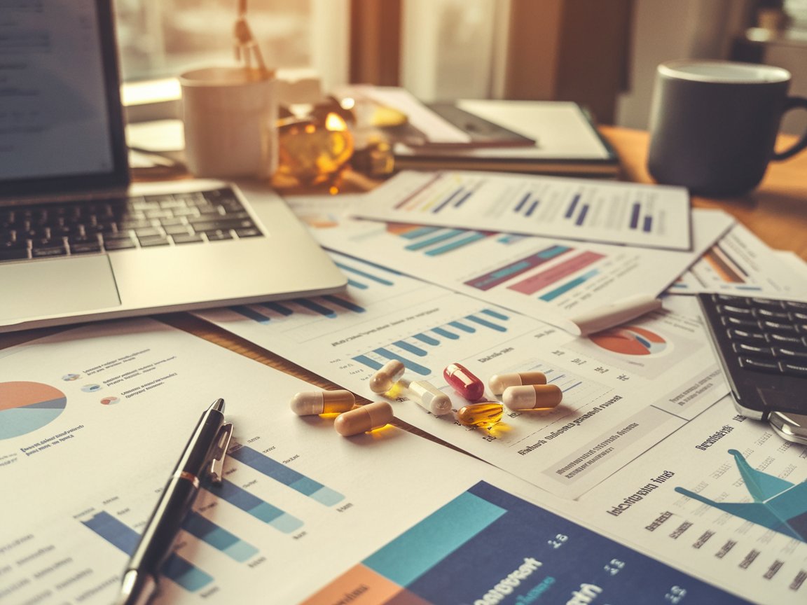 A photo of a cluttered office table with market research documents for a supplement company.